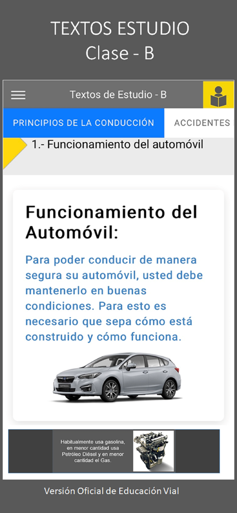 Educación Vial - Manuale di studio per la patente di Classe B sul funzionamento dell'automobile nell'app Educacion Vial