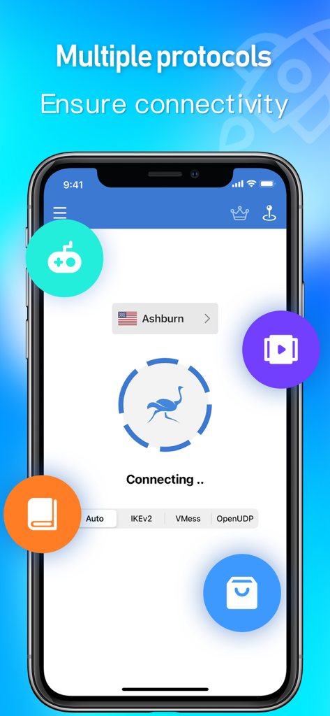 Ostrich VPN mobile app interface showing various connection protocols and connectivity status