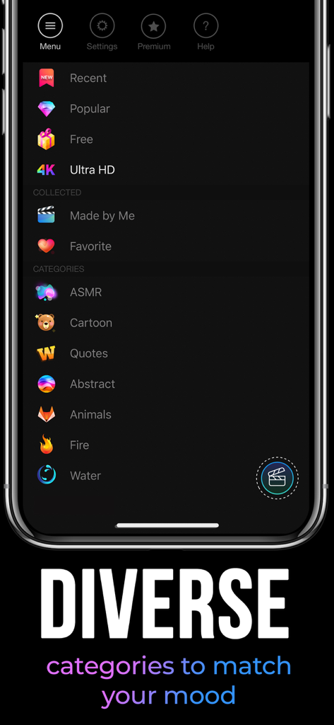 Live Wallpapers for Me - A smartphone screen displaying the Live Wallpapers for Me app menu with diverse categories like ASMR Cartoon and Abstract for lock screen customization