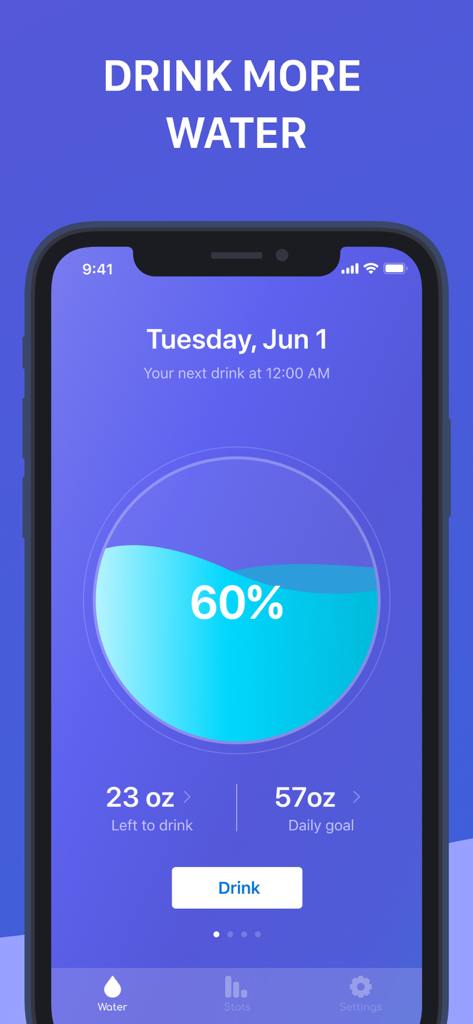 Water Reminder: Daily Tracker - Interface do aplicativo Lembrete de Água mostrando um círculo de progresso de hidratação de 60% e rastreamento de fluidos em mililitros