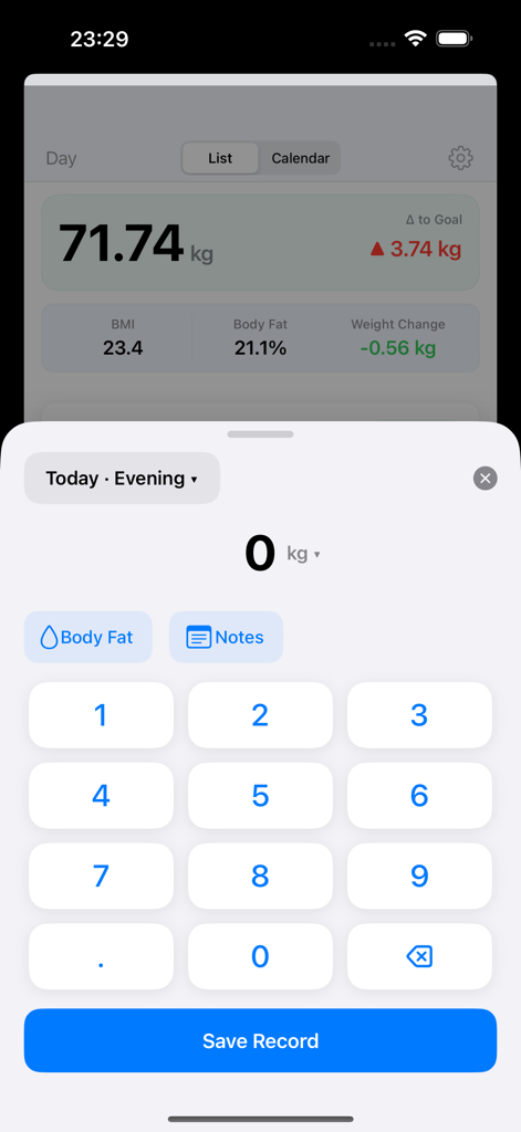 16:8 Fasting & Weight Tracker - Interface for logging body weight and fat percentage in the xWeight app