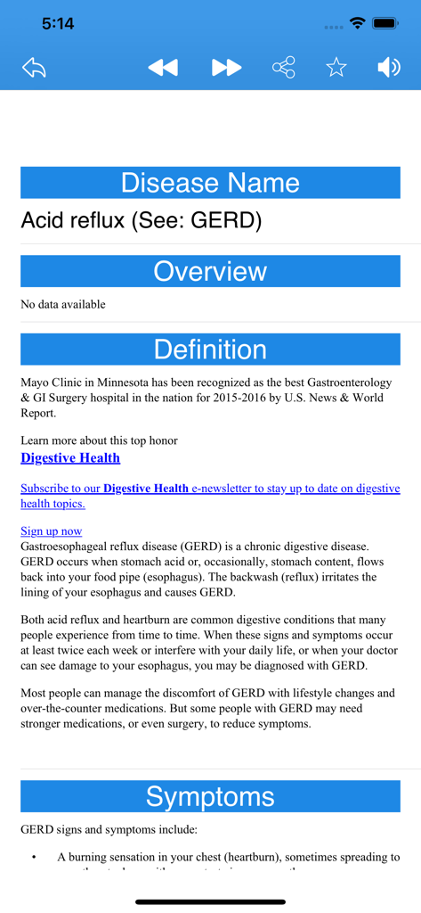 Learn Drug, Medical Dictionary - Medical dictionary app interface showing the definition and symptoms of acid reflux