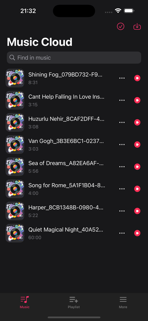 Music Cloud library screen showing a list of songs in the DDMusic app