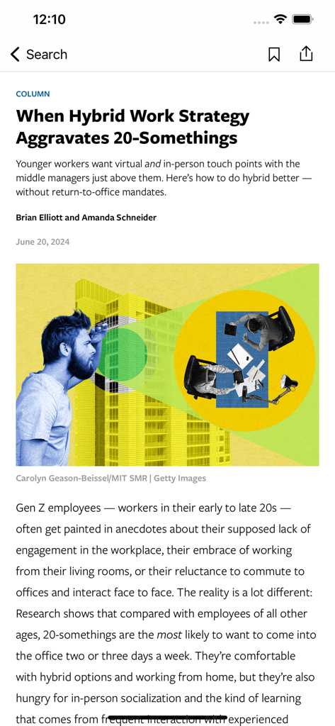 Article on hybrid work strategy in the MIT Sloan Management Review app