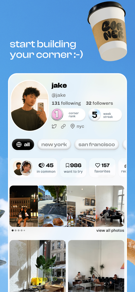 User profile screen on the Corner app showing curated location lists and aesthetic photos of urban spots