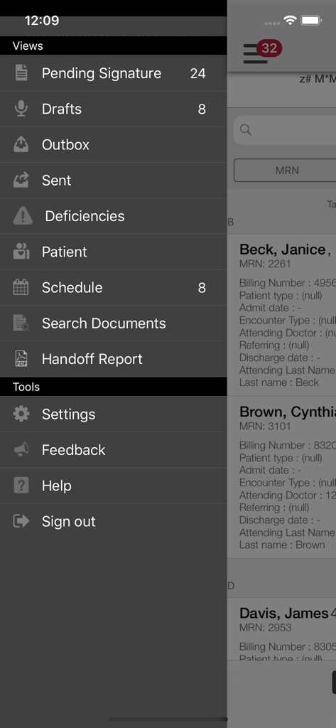 Solventum™ Fluency™ Mobile App - Navigation sidebar menu in the Solventum Fluency medical mobile app showing views like pending signatures and patient schedule