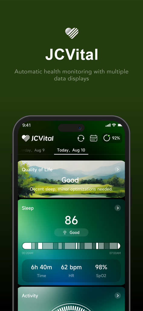 JCVital - JCVital mobile app health dashboard showing sleep and vital sign tracking