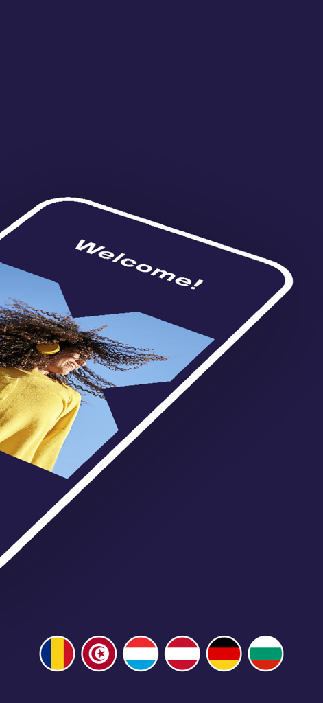 Welcome screen of the Pluxee app with a smiling professional and international flags