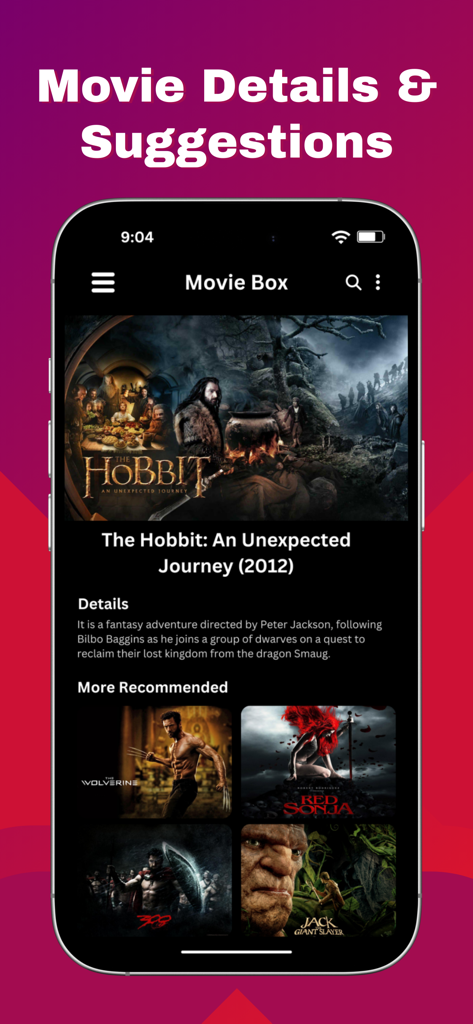 Movies Box 2026 - Página de detalhes do filme The Hobbit com recomendações no aplicativo Movies Box 2026