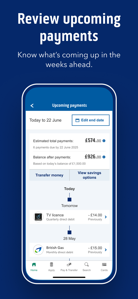 Bank of Scotland Mobile Bank - Bank of Scotland app screen displaying a summary of upcoming payments and estimated balance