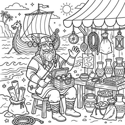 Join a happy Viking trader on his well-deserved vacation, surrounded by exotic goods and the thrill of discovery. This delightful coloring page captures the essence of travel and adventure, ready for your creative touch.