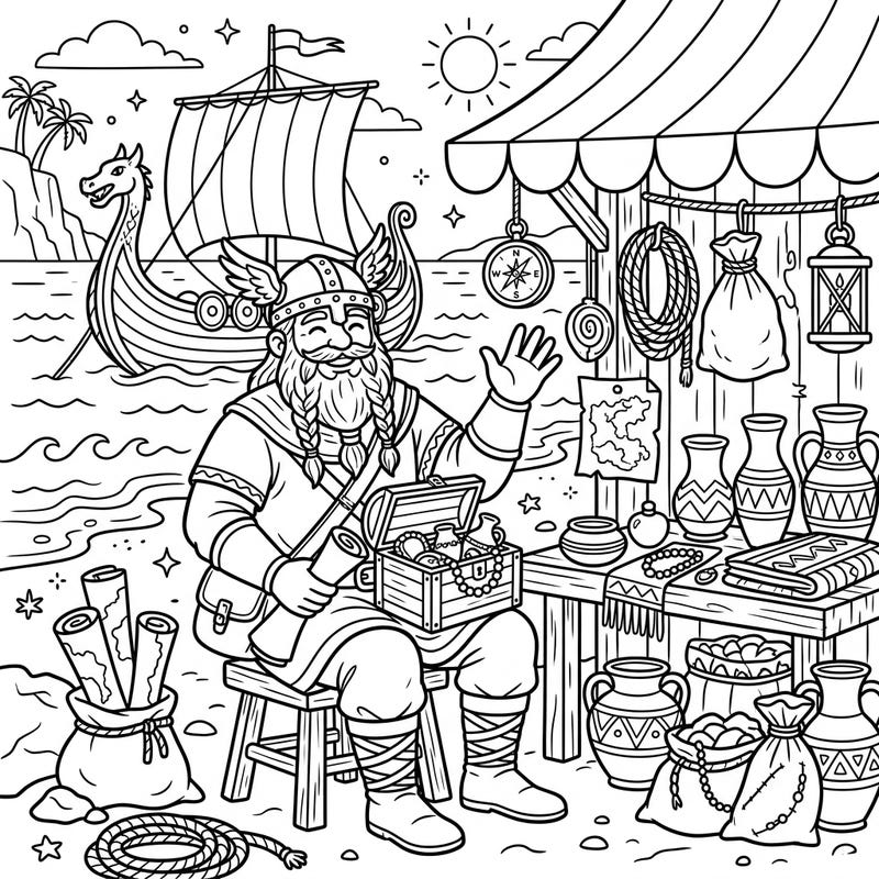 Join a happy Viking trader on his well-deserved vacation, surrounded by exotic goods and the thrill of discovery. This delightful coloring page captures the essence of travel and adventure, ready for your creative touch.
