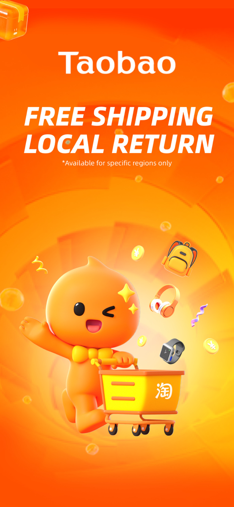 Taobao mascot pushing a shopping cart promoting free shipping and local returns