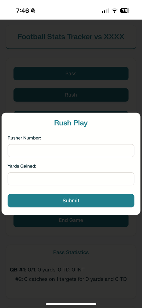 Interface for entering rush play statistics including rusher number and yards gained