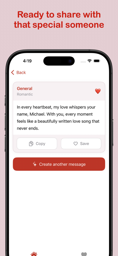 Love Messages AI - A smartphone screen displaying a romantic love message generated by the Love Messages AI app.