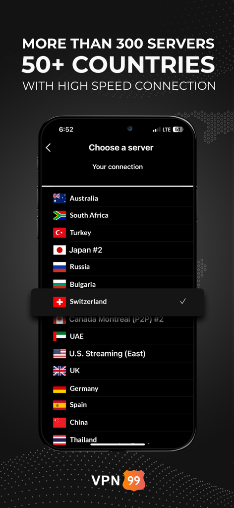 Screenshot dell'app VPN99 che mostra un elenco di località server globali, tra cui Svizzera e USA per una connessione ad alta velocità
