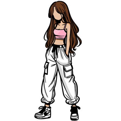 girl in baggy pants crop top and long hair