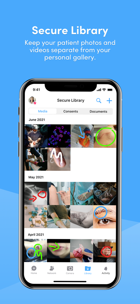 Celo app secure library interface showing organized clinical photos and videos for healthcare professionals.