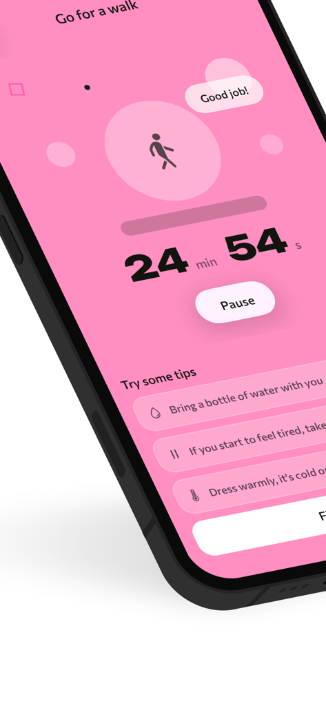 Habitz — Habit Tracker - Schermata mobile dell'app Habitz che mostra un'interfaccia rosa con un timer per l'abitudine di camminare e consigli sulla produttività.
