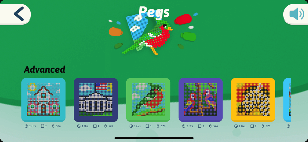 Interfaccia che mostra schemi avanzati di pixel art per pioli, inclusi animali e edifici.