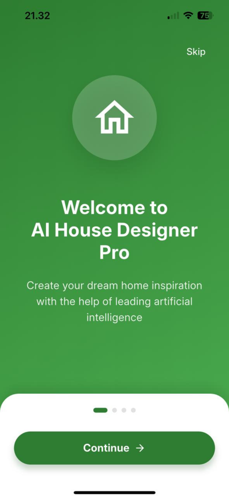 AI House Designer Pro - Welcome screen for AI House Designer Pro app with a house icon on a green background