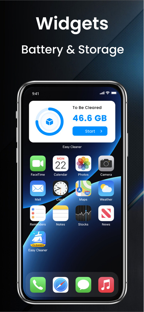 Easy Cleaner app widget on an iPhone home screen showing 46.6 GB of storage to be cleared
