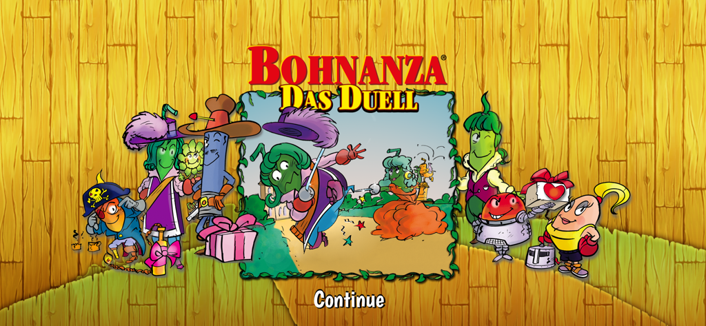 Bohnanza The Duel - Title screen of the Bohnanza The Duel mobile game featuring quirky bean characters and a continue button