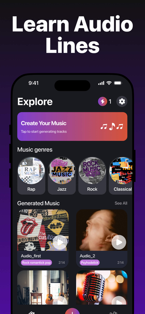 AI Song Makerㅤ - AI Song Maker app interface showing the explore screen with music genres and generated audio tracks