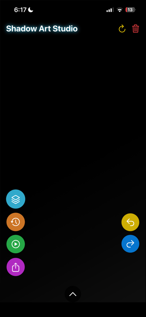 Shadow Draw - The main drawing interface of the Shadow Art Studio app with a dark canvas and neon colored control icons.