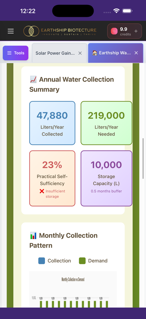 Pantalla de la aplicación Asistente Earthship que muestra el resumen anual de recolección de agua y los cálculos de autosuficiencia