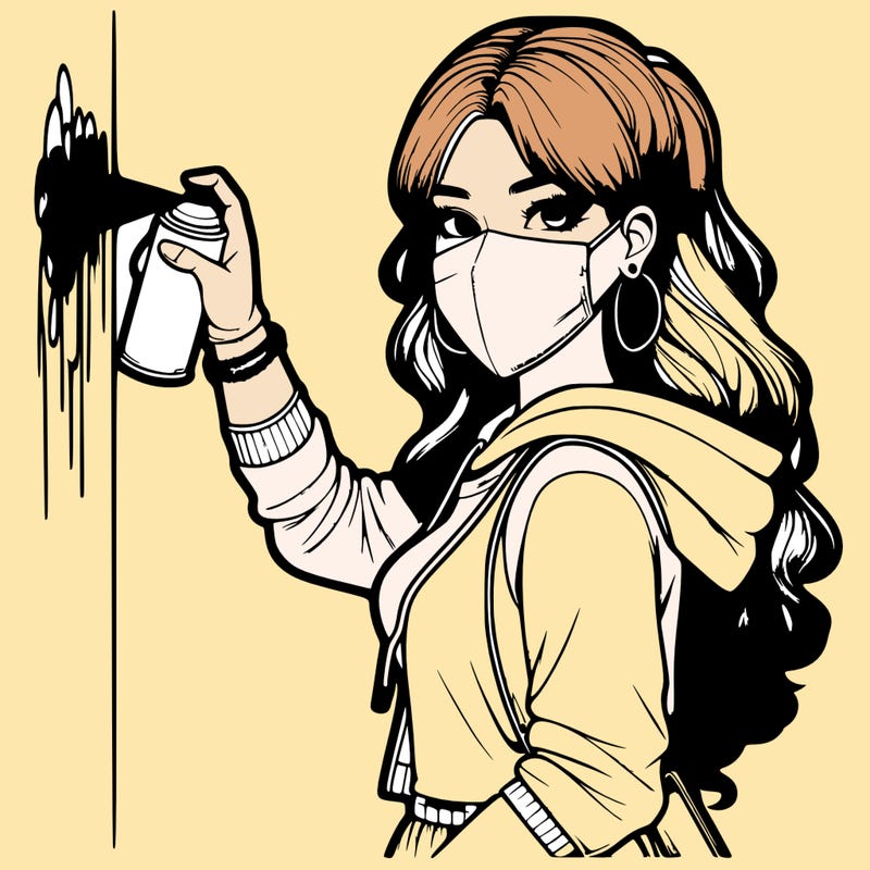 realistic girl with mask spray painting a wall