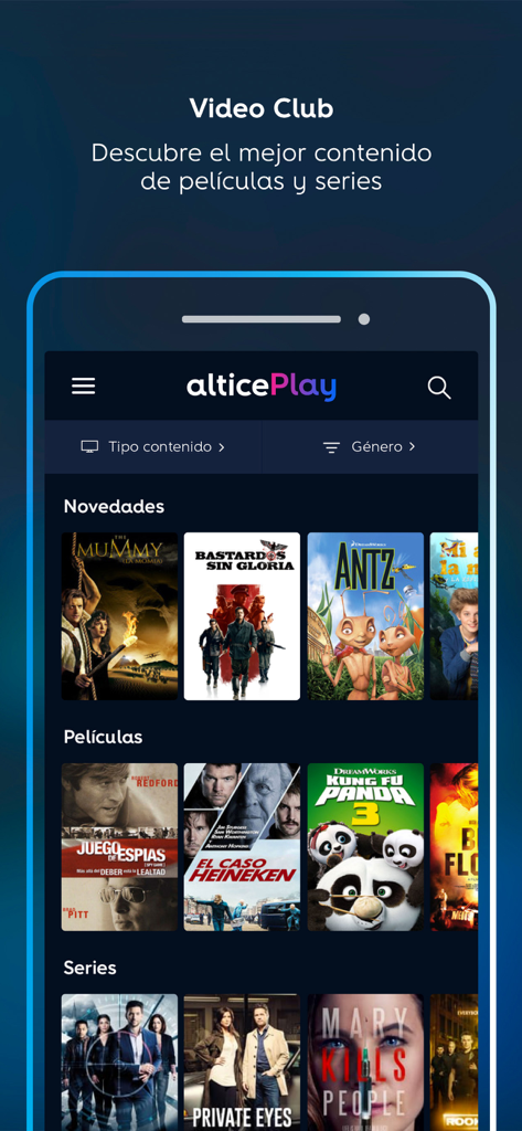 Altice Play App-Oberfläche mit Filmen und Serien im Video Club-Bereich