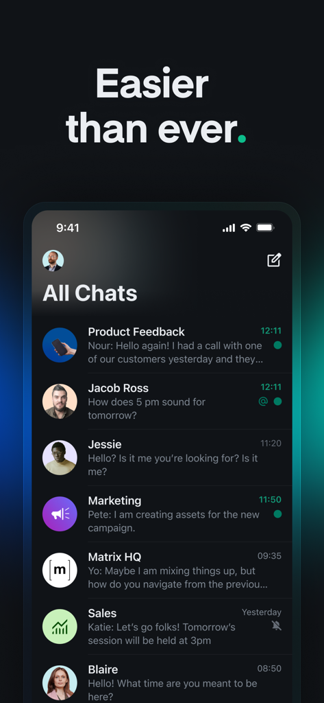 Element X secure messaging app interface showing the all chats list in dark mode.