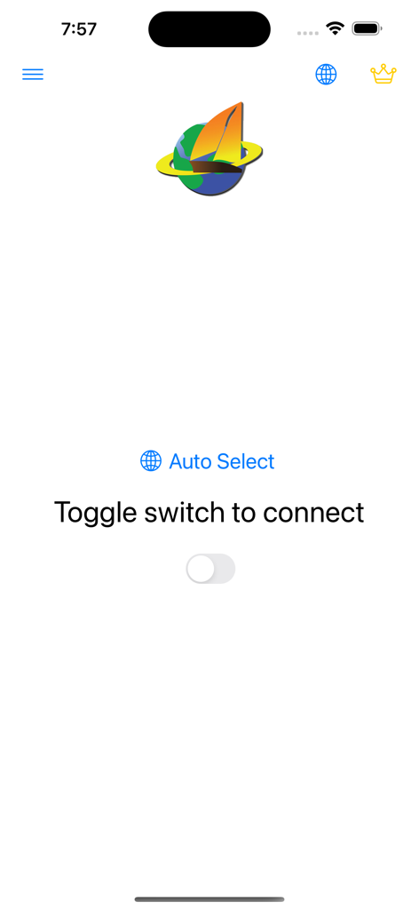 Écran d'accueil de l'application mobile Ultrasurf VPN présentant un simple interrupteur pour se connecter