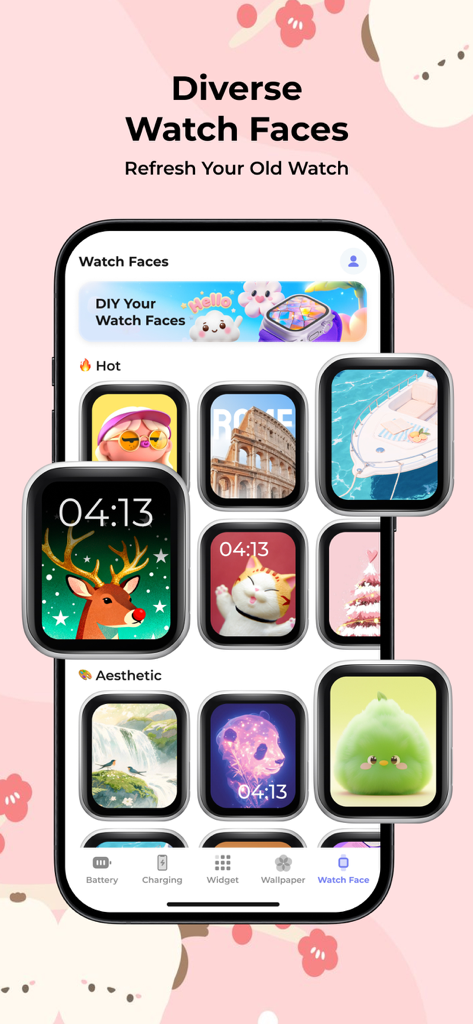 Emoji Battery Widget-BunnyWath - A screen from the BunnyWatch app showing diverse and cute watch face designs for customization