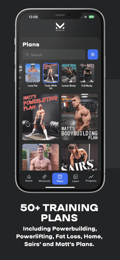 Morsia - Mobile interface of the Morsia fitness app displaying various training plans like powerlifting and bodybuilding with Matt Morsia