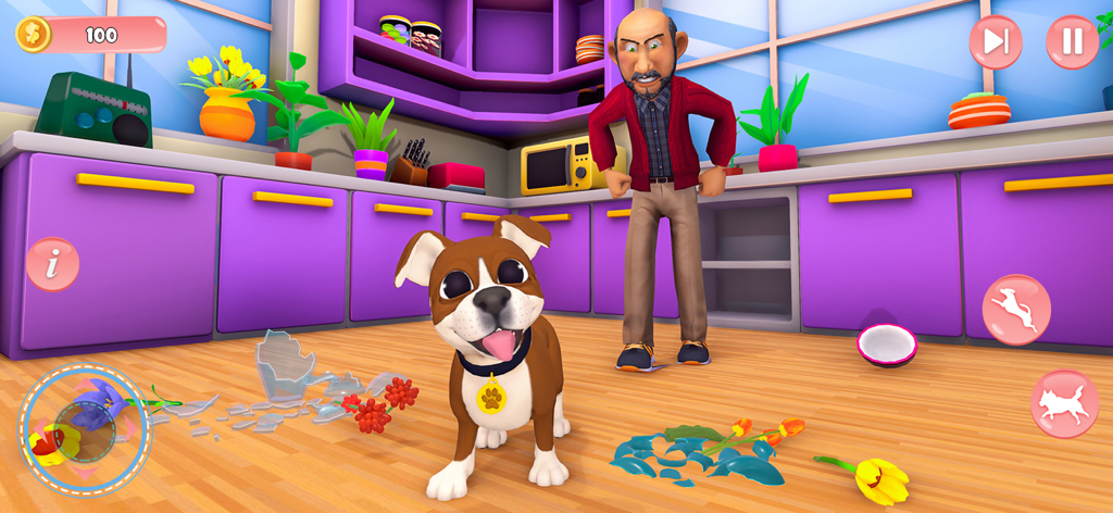 Un tierno cachorro en una cocina con jarrones de flores rotos y un dueño enfadado