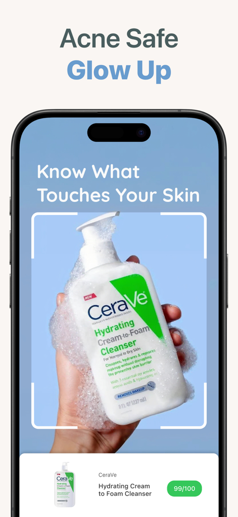 SafeSkin AI app scanning a skincare bottle to show ingredient safety score