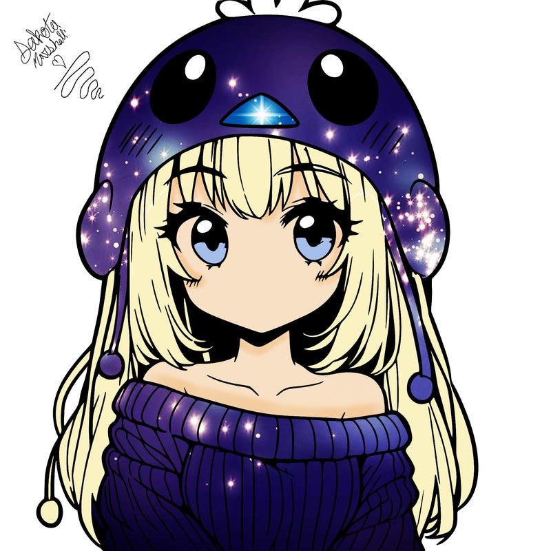 anime girl with chick shaped hat with sweater with bare shoulders with bangs covering them one eye with low tail