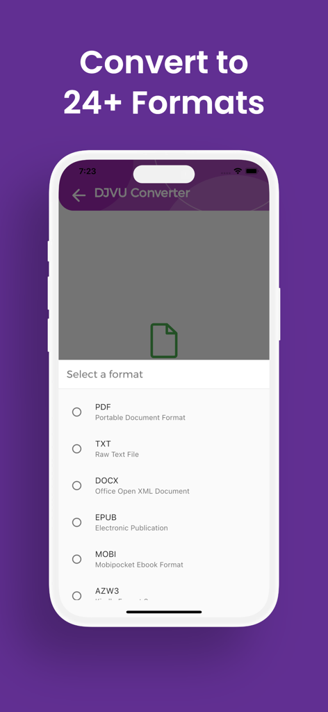DJVU Converter screen displaying a list of available output formats like PDF TXT and EPUB