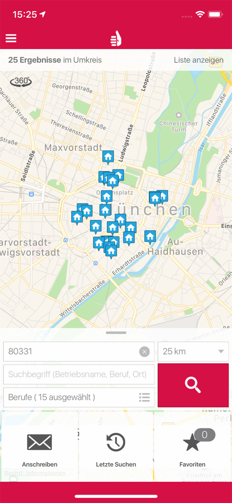 Handwerkerradar - Kartenansicht der Handwerkerradar-App, die lokale Handwerker-Pins in München mit Suchfiltern anzeigt.