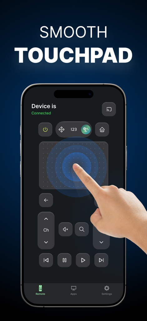 Universal Remote: TV Control + - iPhone displaying a universal TV remote app with a smooth touchpad for navigation