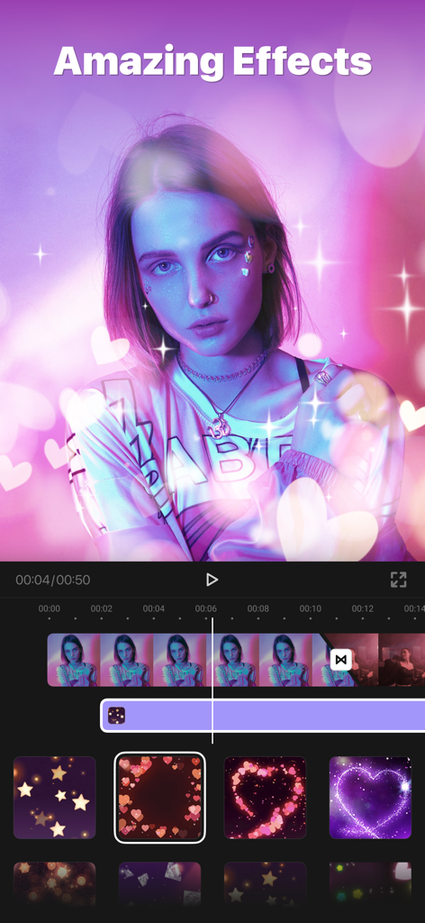 FotoPlay - Video Editor - 여성이 FotoPlay 앱 인터페이스를 사용하여 네온 하트와 별 효과로 동영상을 편집하고 있습니다.