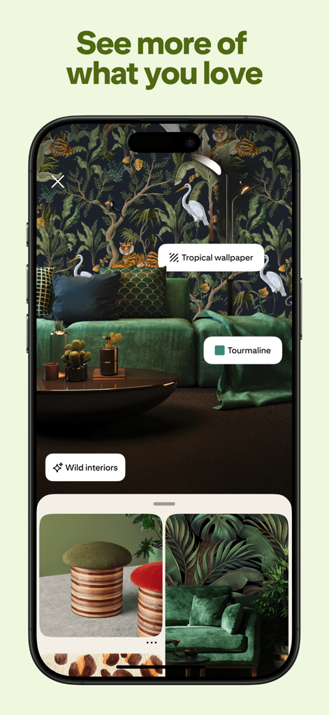 Pinterest app screenshot showing tropical interior design and decor tags