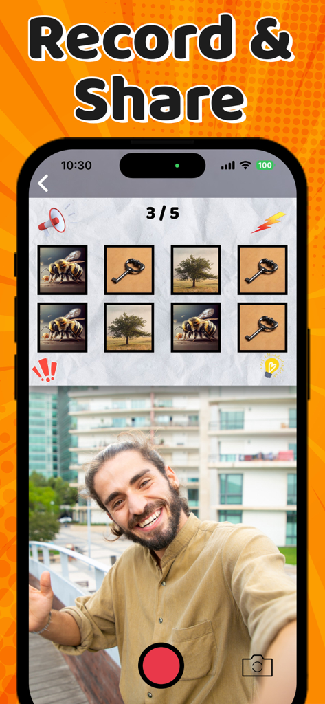 Say The Word On Beat – Game - Mobile screen showing a user recording a video for social media while playing a rhythm challenge with icons of bees keys and trees