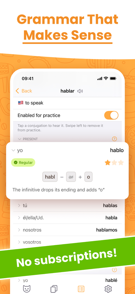 ConjuGato: Learn Spanish Verbs - ConjuGato app screen showing Spanish verb conjugation for hablar with a grammar explanation and a no subscriptions banner