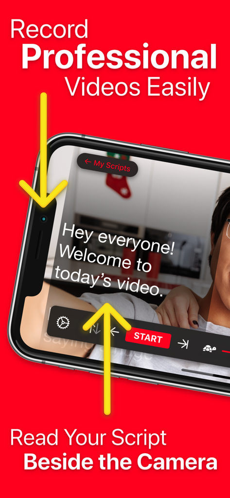 Video Teleprompter - A smartphone recording a professional video with script text positioned next to the camera lens for better eye contact.