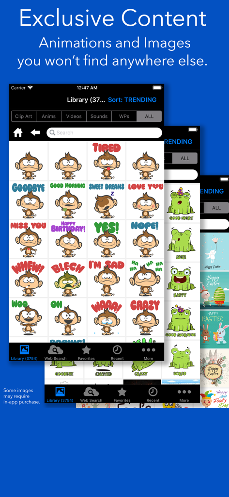 CLIPish Pro - Animations Emoji - A collection of animated monkey emojis and holiday stickers within the CLIPish Pro mobile app interface.