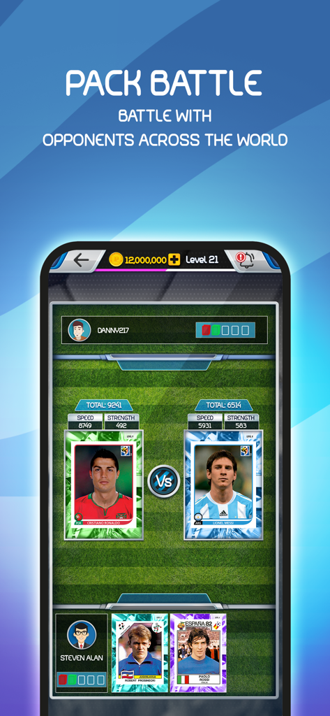 Panini Soccer App - Panini Soccer App Pack Battle-Funktion, die digitale Sammelkarten von Cristiano Ronaldo und Lionel Messi vergleicht