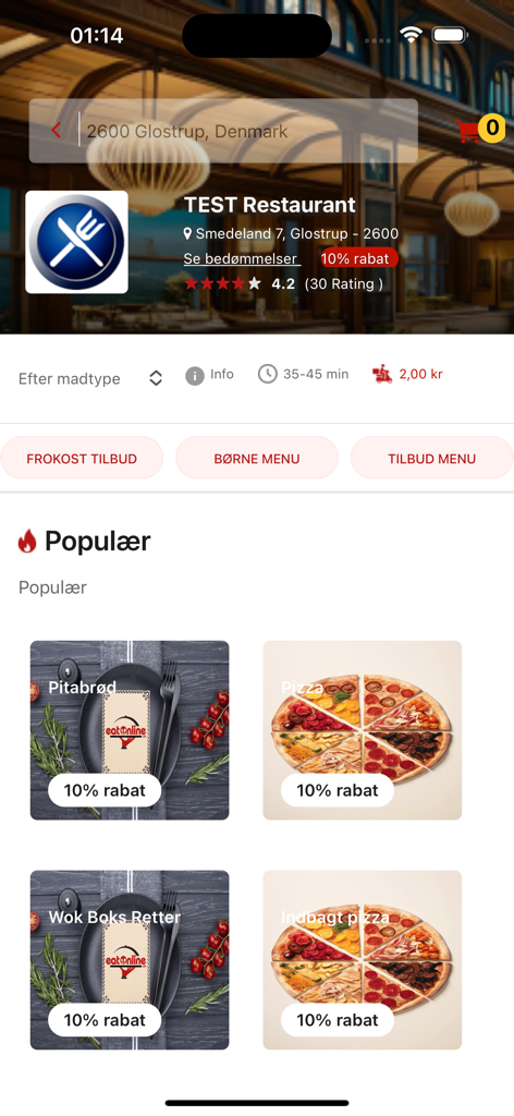 EatOnline app interface showing popular food categories and discounted dishes for a local restaurant